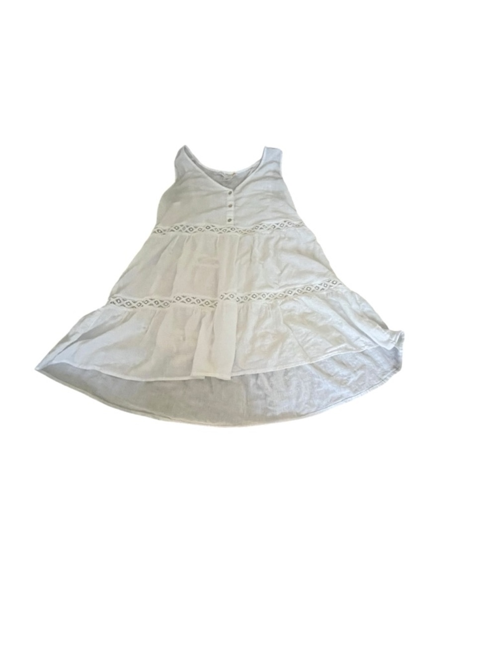 Boho White Tiered Beach Cover Up Mini Dress Lace Trim Flowy Medium Linen Blend - Picture 2 of 9